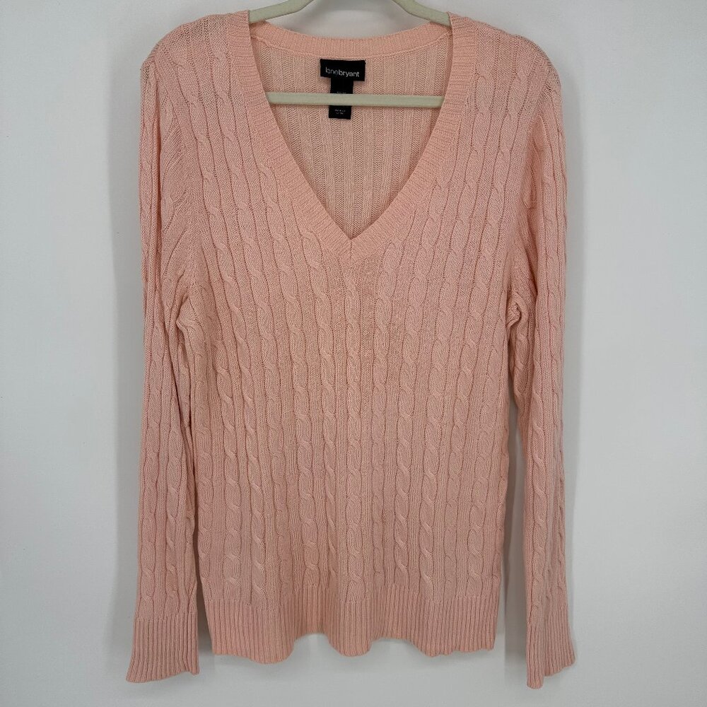 3/$25 Lane Bryant Cable Knit Sweater 14 / 16 Pullover V Neck Light Pink Angora